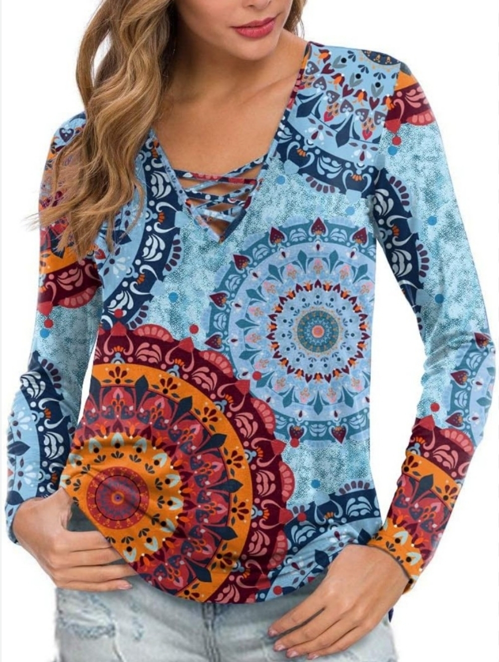 Feiersi Boho Top M Artsy Colorful Stretch Caged V-neck Festival Medallion